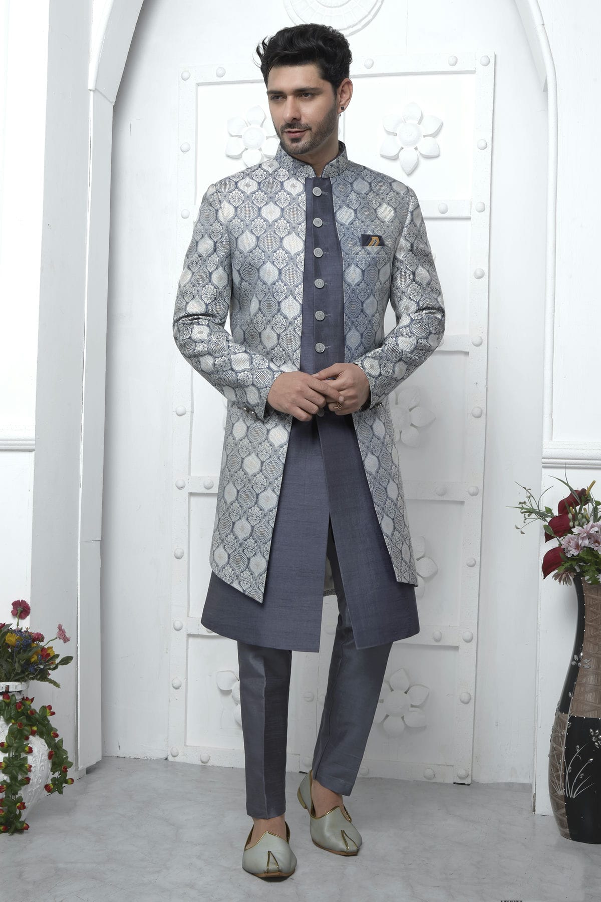Grey Colour Jacquard Silk Indowestern Sherwani With Aligadhi Pant