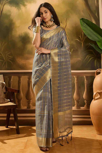 Grey Colour Khadi Organza Traditional Saree VSSD1113880