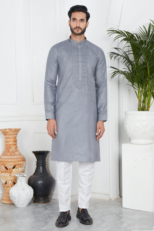 Grey Colour Linen Cotton Pintex Work Kurta Pajama