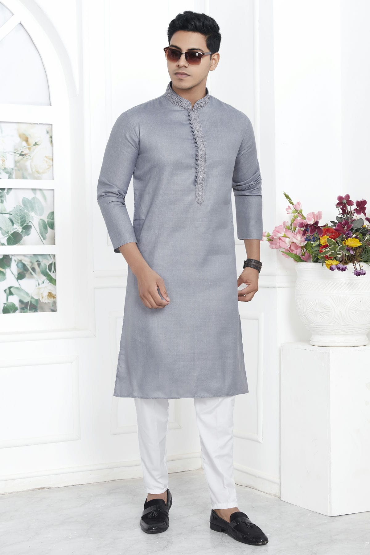 Grey Colour Linen Cotton Thread Work Kurta Pajama VSKP1230142
