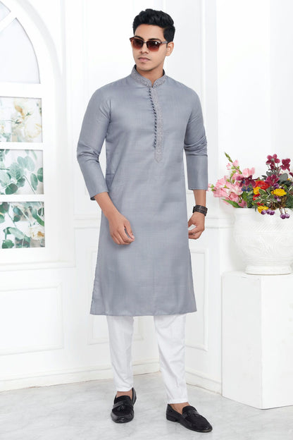 Grey Colour Linen Cotton Thread Work Kurta Pajama VSKP1230142