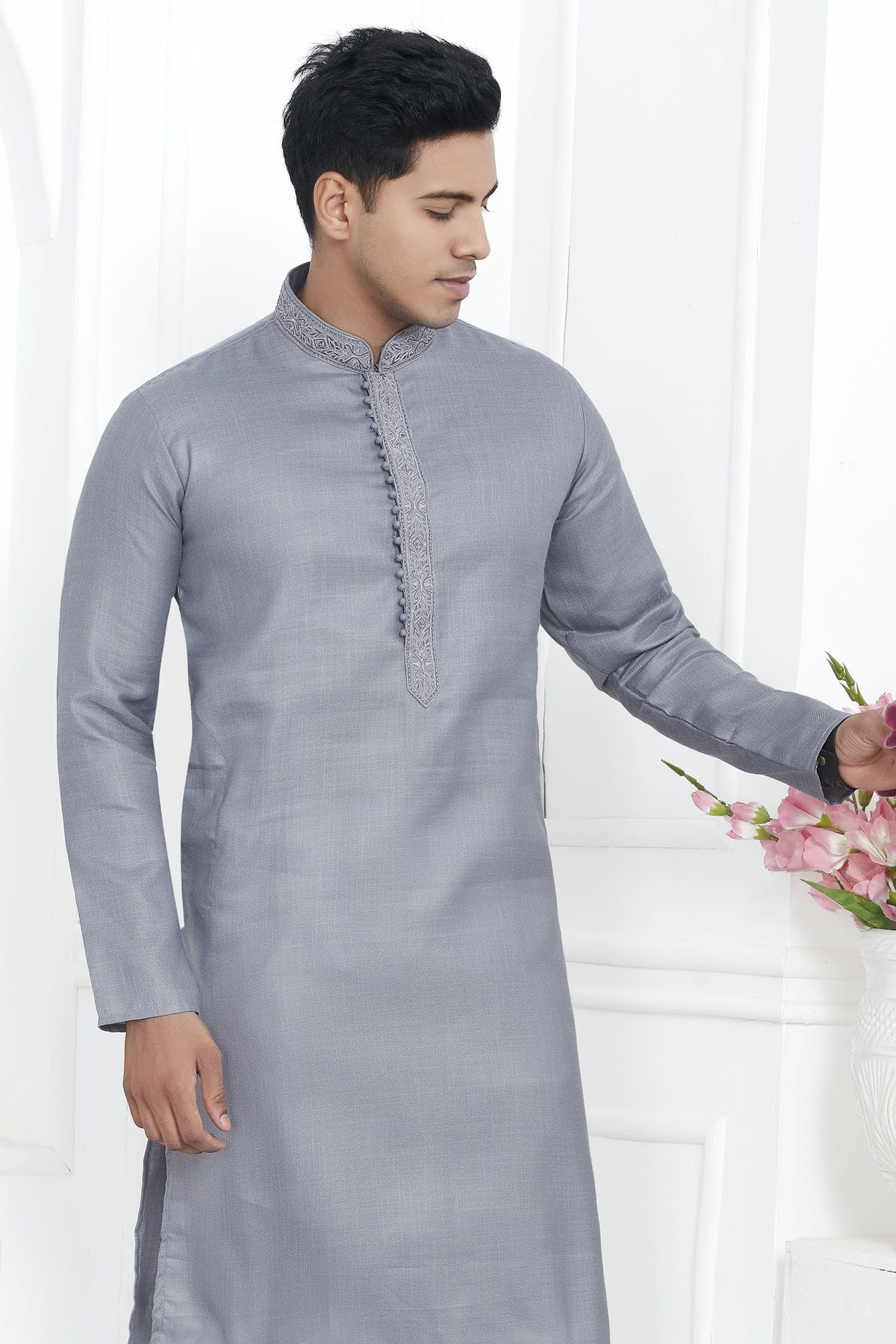 Grey Colour Linen Cotton Thread Work Kurta Pajama VSKP1230142