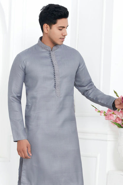 Grey Colour Linen Cotton Thread Work Kurta Pajama VSKP1230142