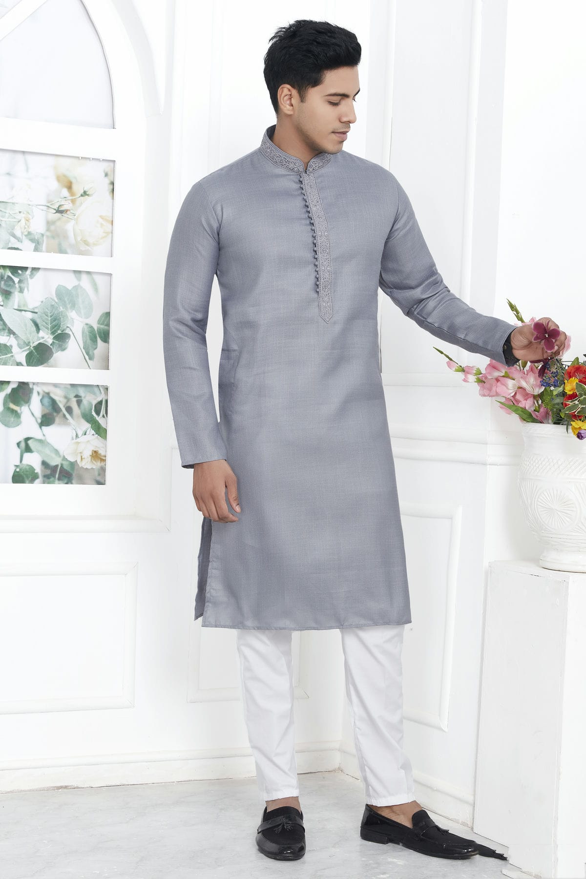 Grey Colour Linen Cotton Thread Work Kurta Pajama
