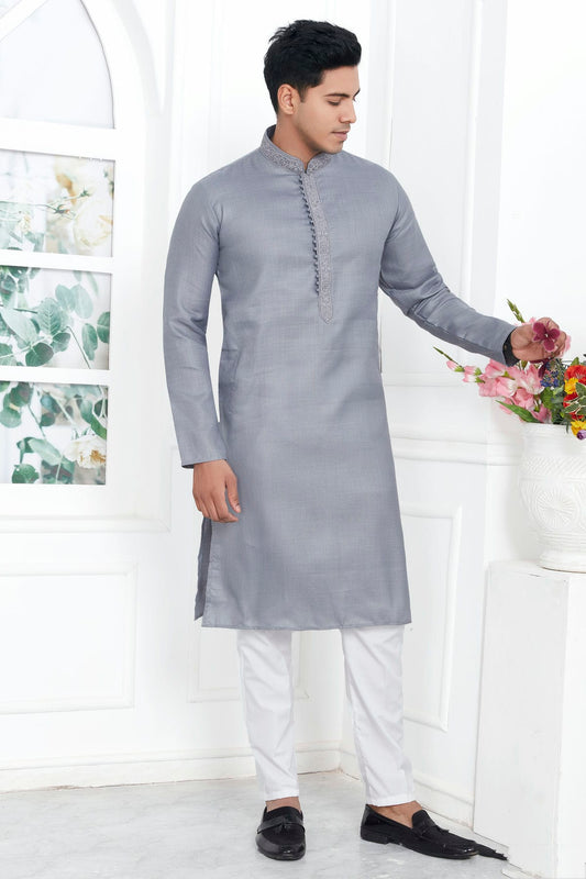 Grey Colour Linen Cotton Thread Work Kurta Pajama