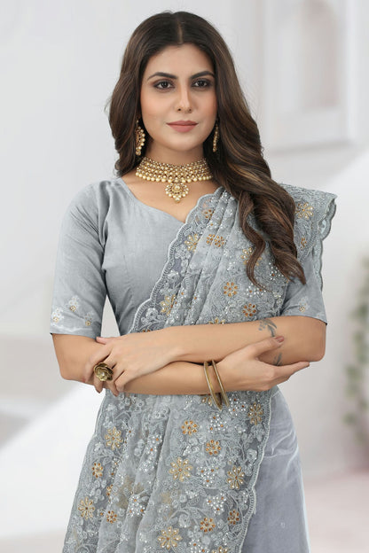 Grey Colour Net Designer Saree