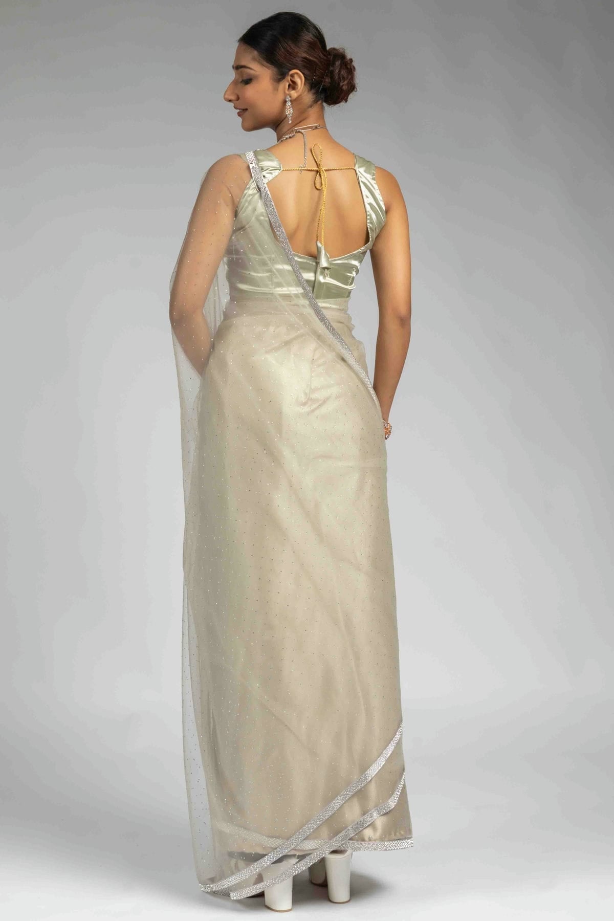 Grey Colour Net Ready To Wear Saree