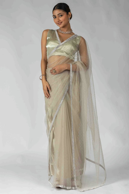 Grey Colour Net Ready To Wear Saree VSSD1122056