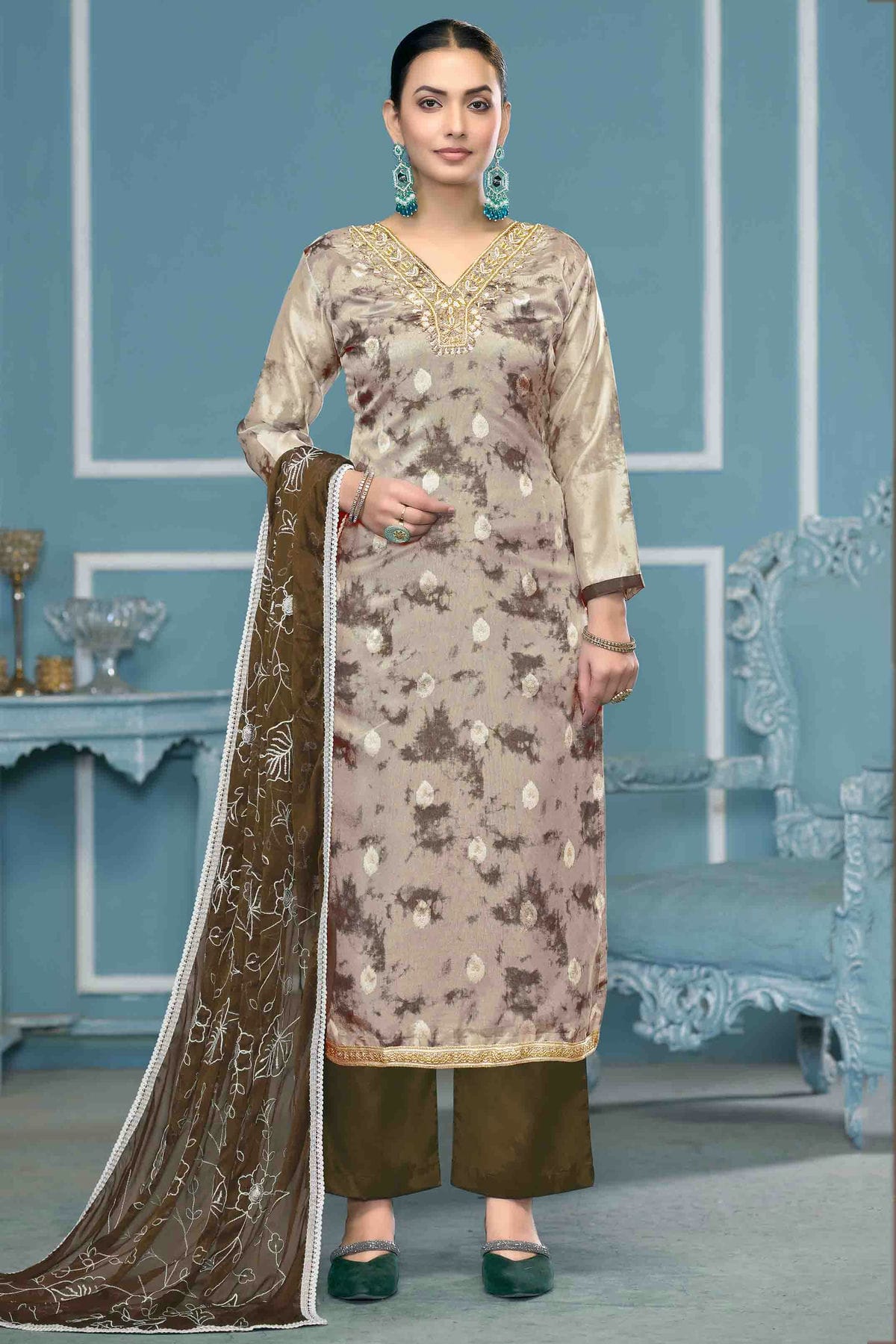 Grey Colour Organza Banarasi Pant Style Suit VSSM1113236