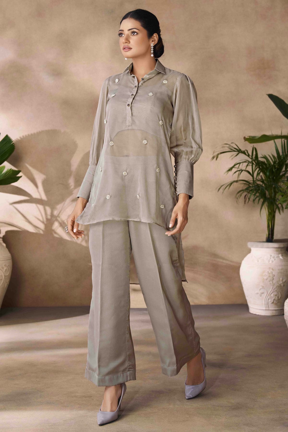 Grey Colour Organza Co-Ord Set VSTP1080953