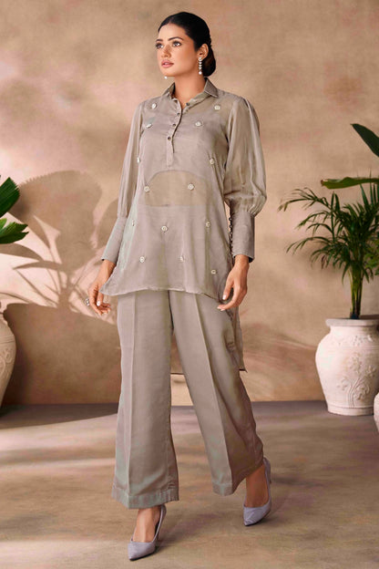 Grey Colour Organza Co-Ord Set VSTP1080953