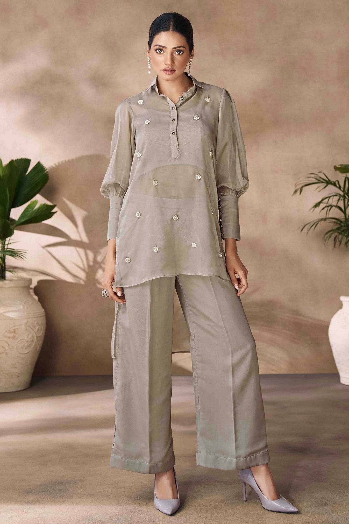Grey Colour Organza Co-Ord Set VSTP1080953