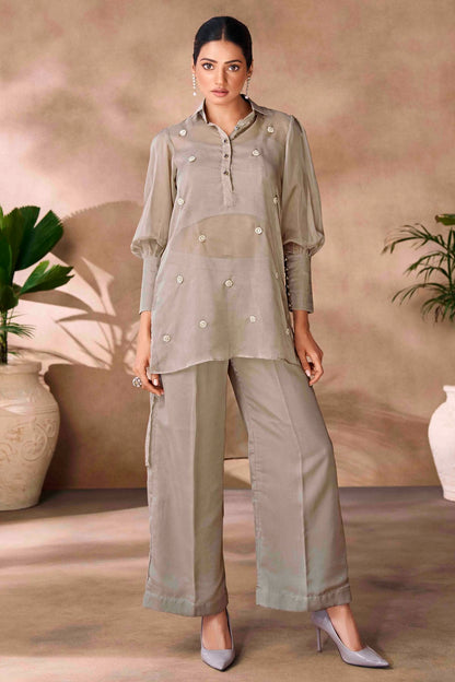 Grey Colour Organza Co-Ord Set VSTP1080953