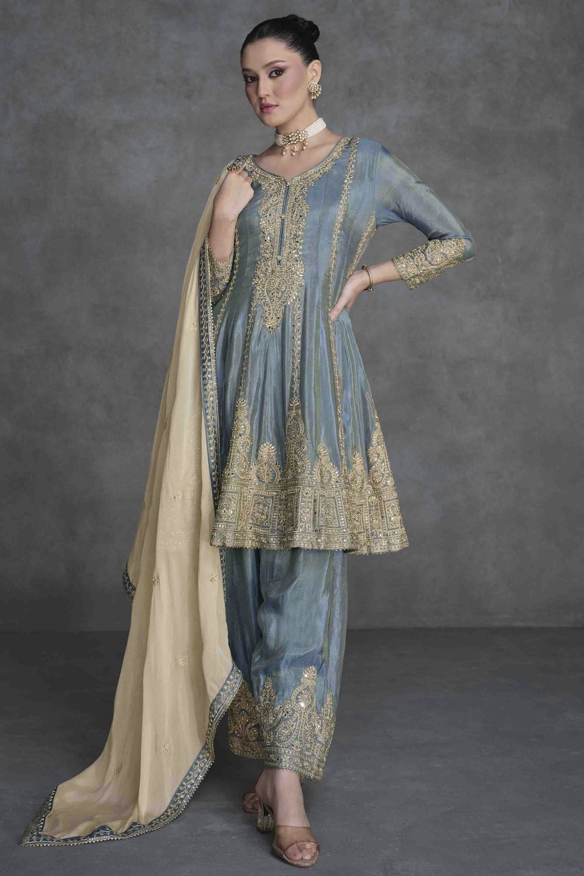 Grey Colour Organza Palazzo Pant Suit VSSM1140838