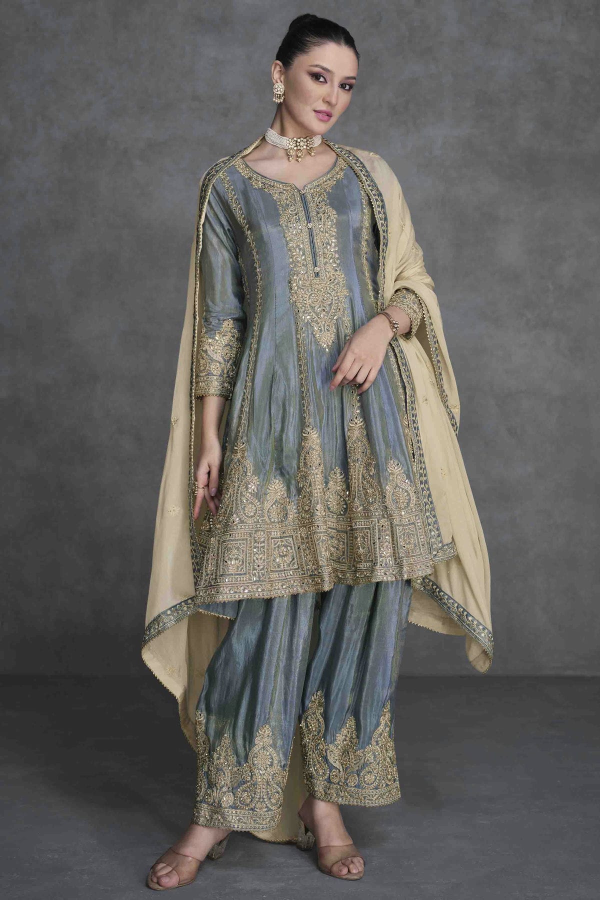 Grey Colour Organza Palazzo Pant Suit VSSM1140838