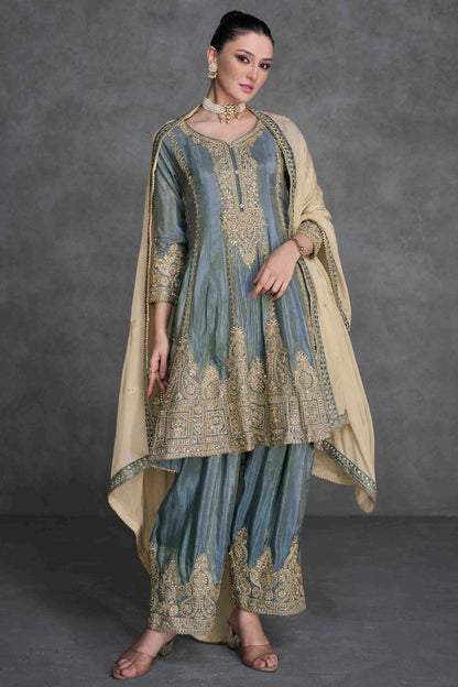 Grey Colour Organza Palazzo Pant Suit VSSM1140838