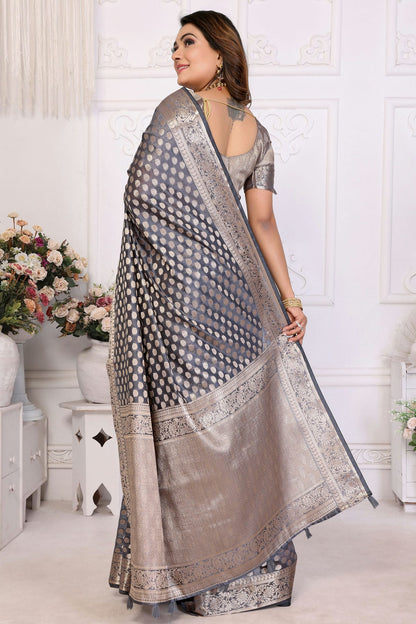 Grey Colour Organza Traditional Saree