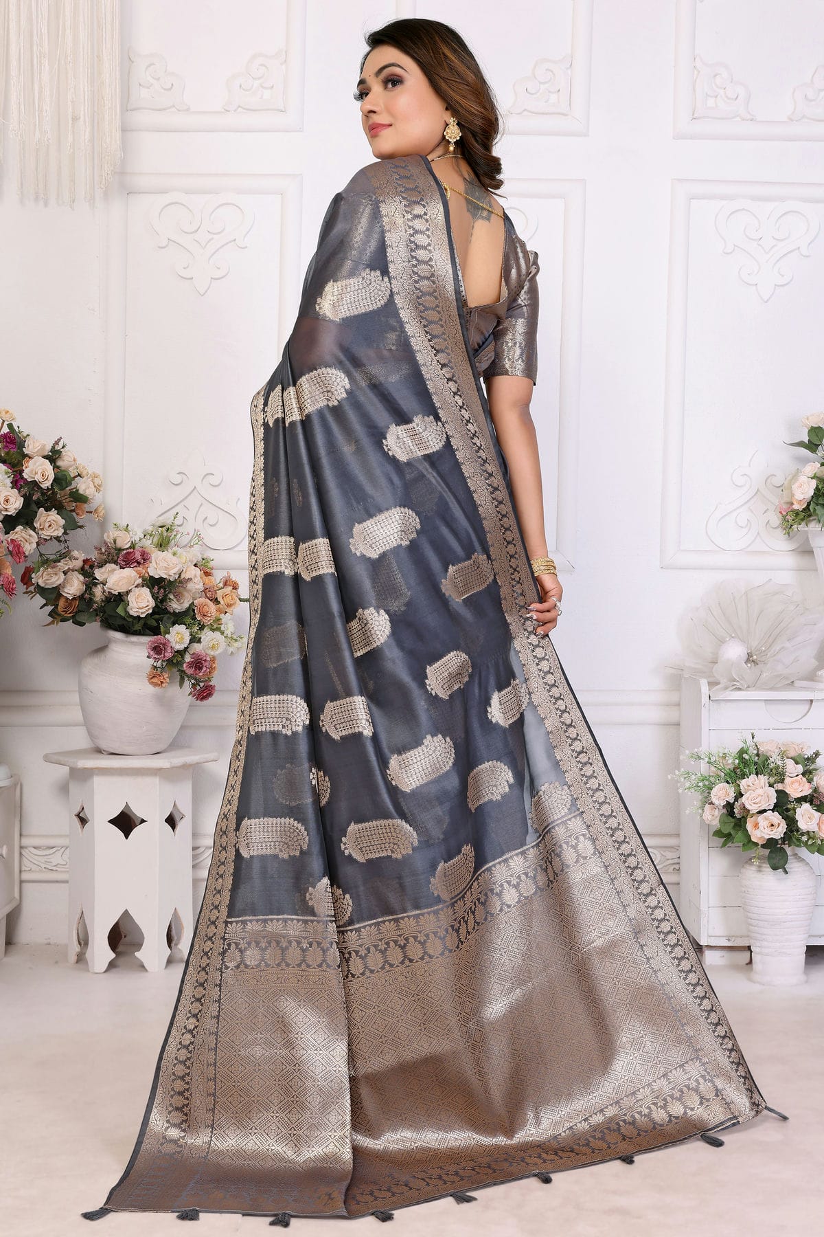 Grey Colour Organza Traditional Saree