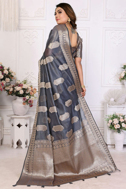 Grey Colour Organza Traditional Saree