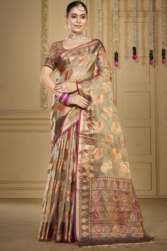 Grey Colour Organza Woven Work Traditional Saree