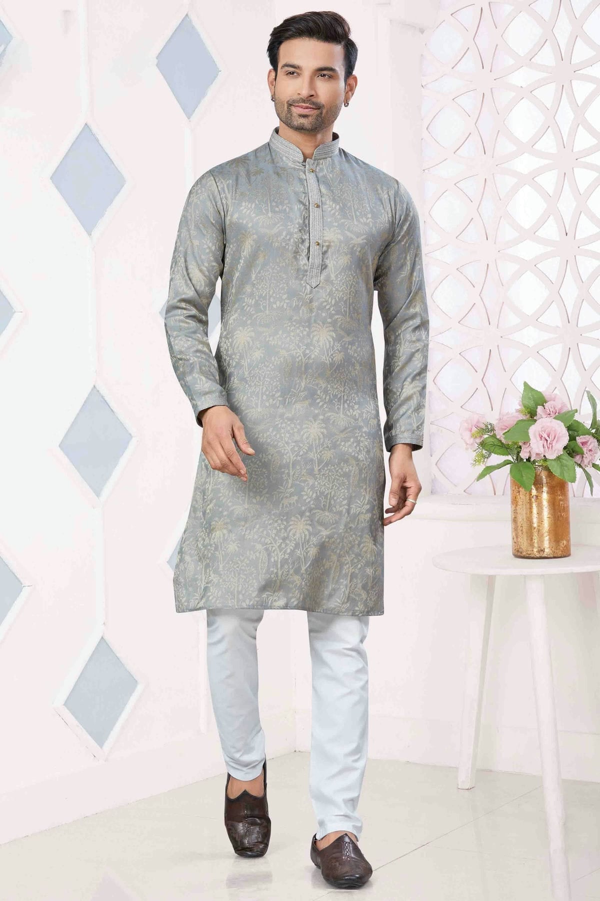 Grey Colour Pintex Work and Woven Jacquard Silk Kurta Pajama VSKP1113407