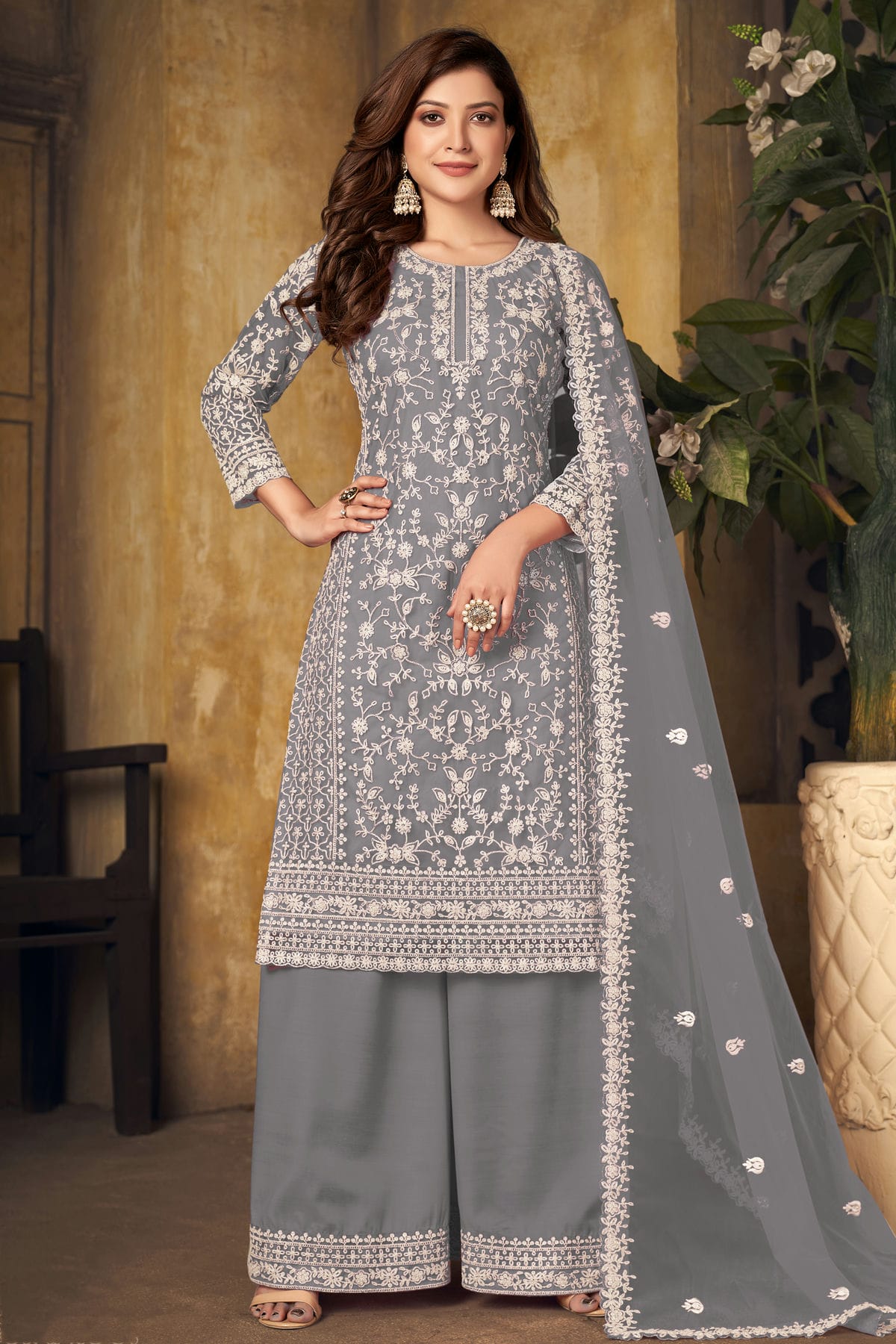 Grey Colour Plazoo Pant Suit Net Semi Stitched