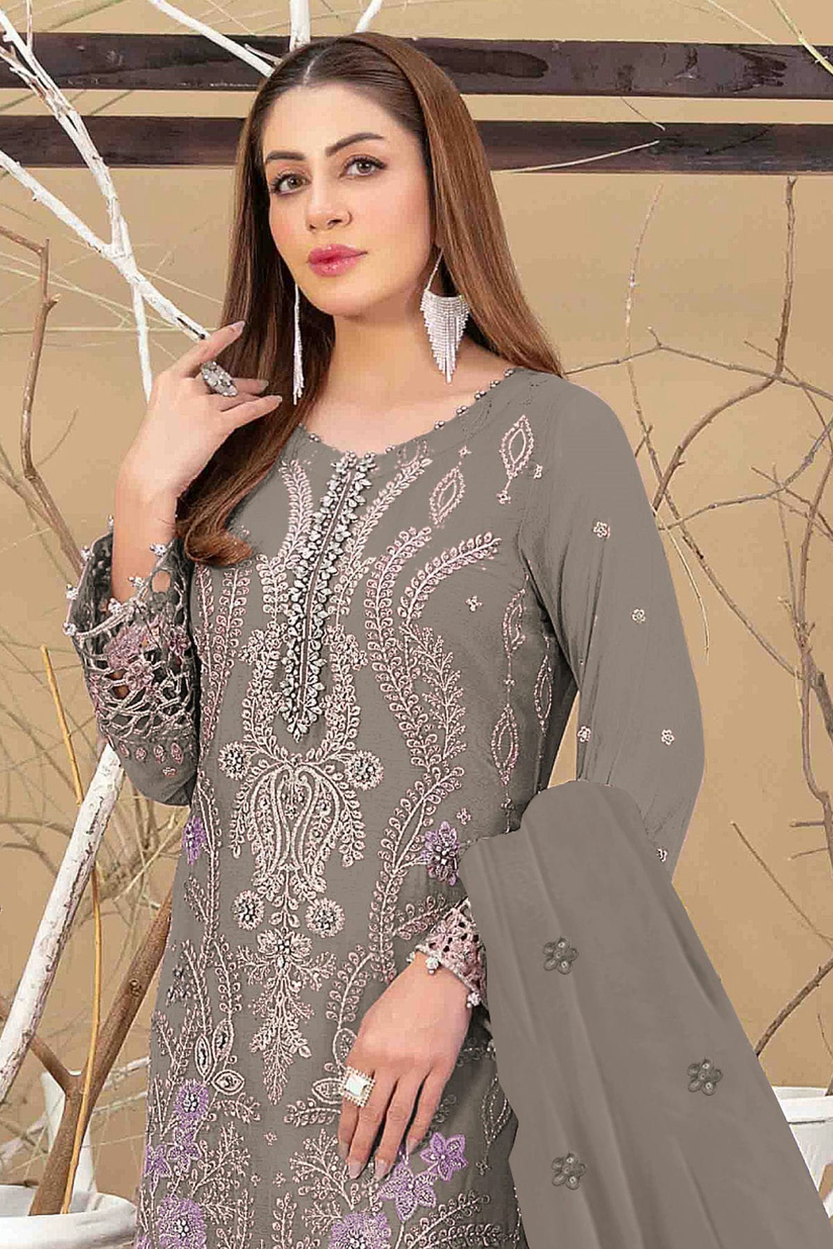 Grey Colour Semi Stitched Faux Georgette Pakistani Suit VSSM1140341