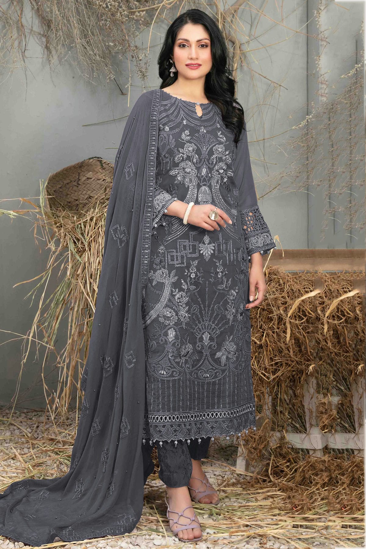 Grey Colour Semi Stitched Faux Georgette Pakistani Suit VSSM1140641