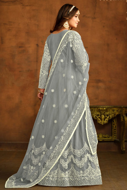 Grey Colour Semi Stitched Net Anarkali Suit VSSM1050444