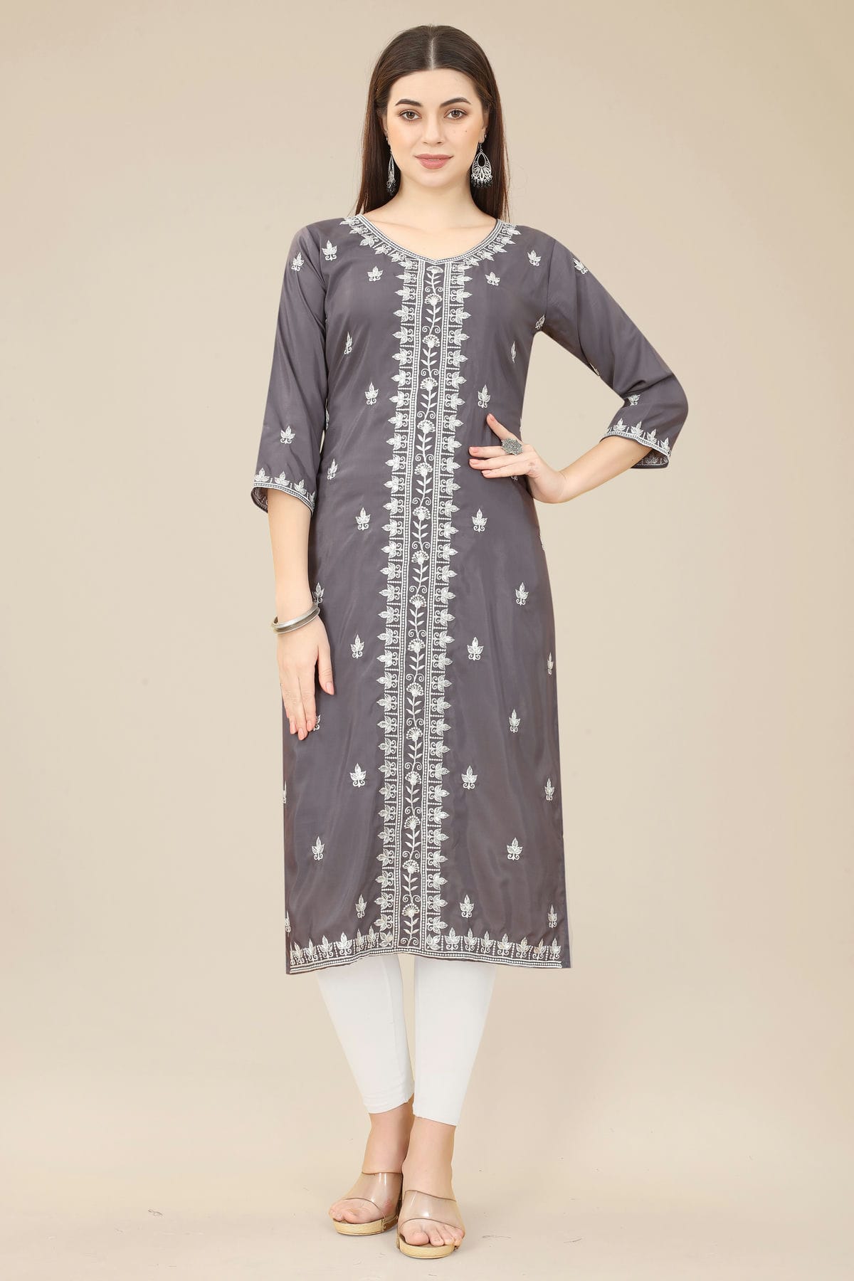 Grey Colour Shiny Silk Kurti
