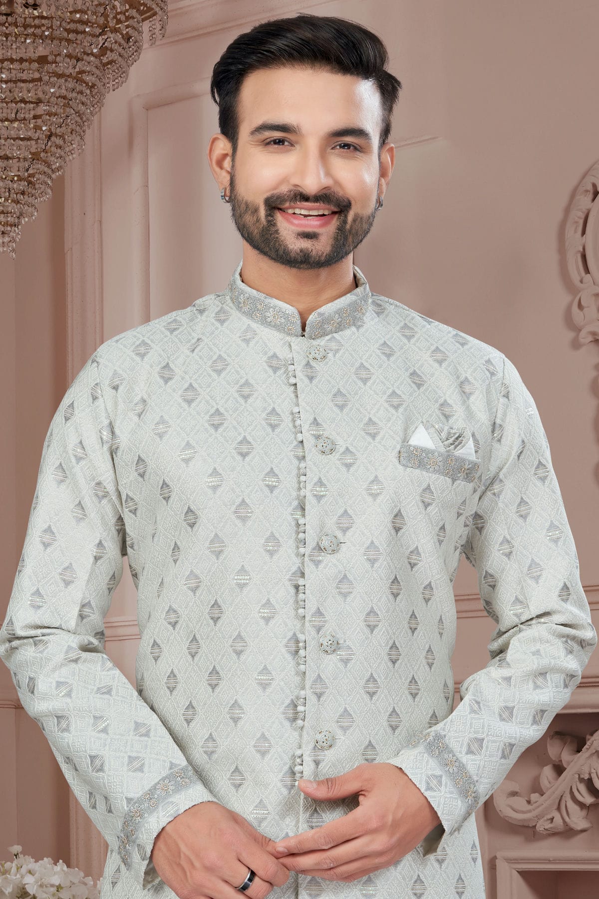 Grey Colour Silk Dupion Sherwani VSSH1040591