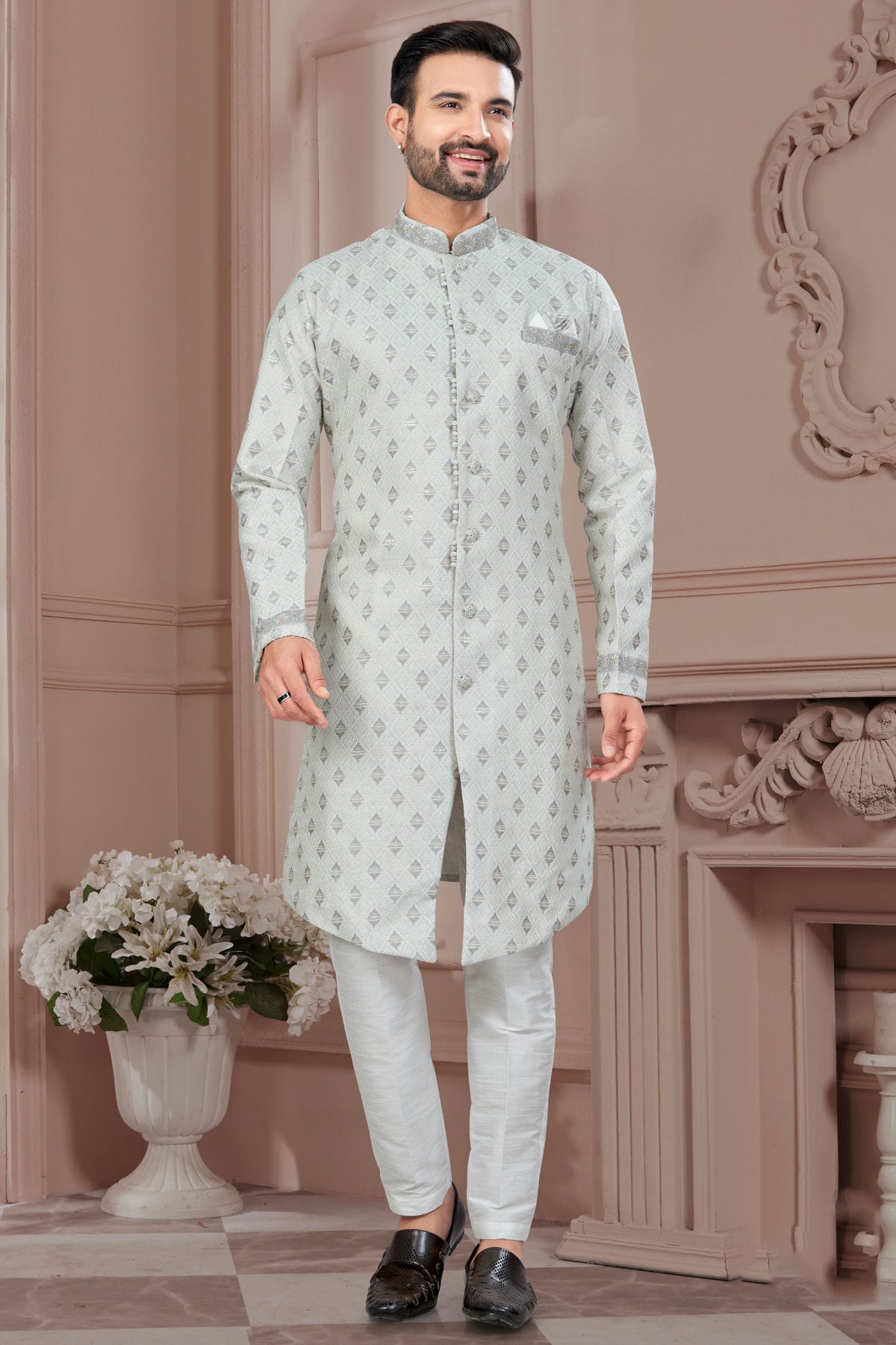 Grey Colour Silk Dupion Sherwani