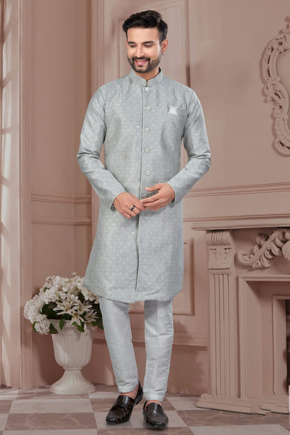 Grey Colour Silk Dupion Sherwani