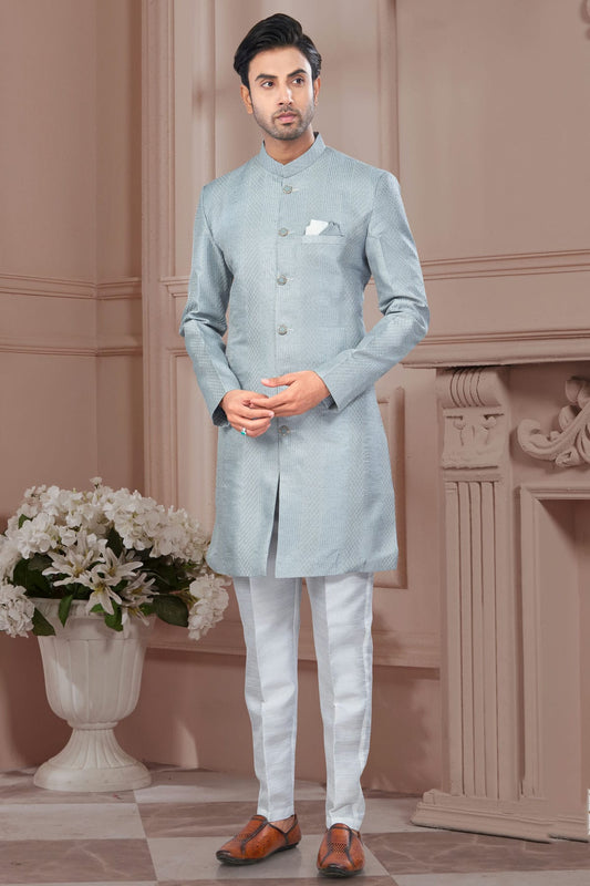 Grey Colour Silk Dupion Sherwani