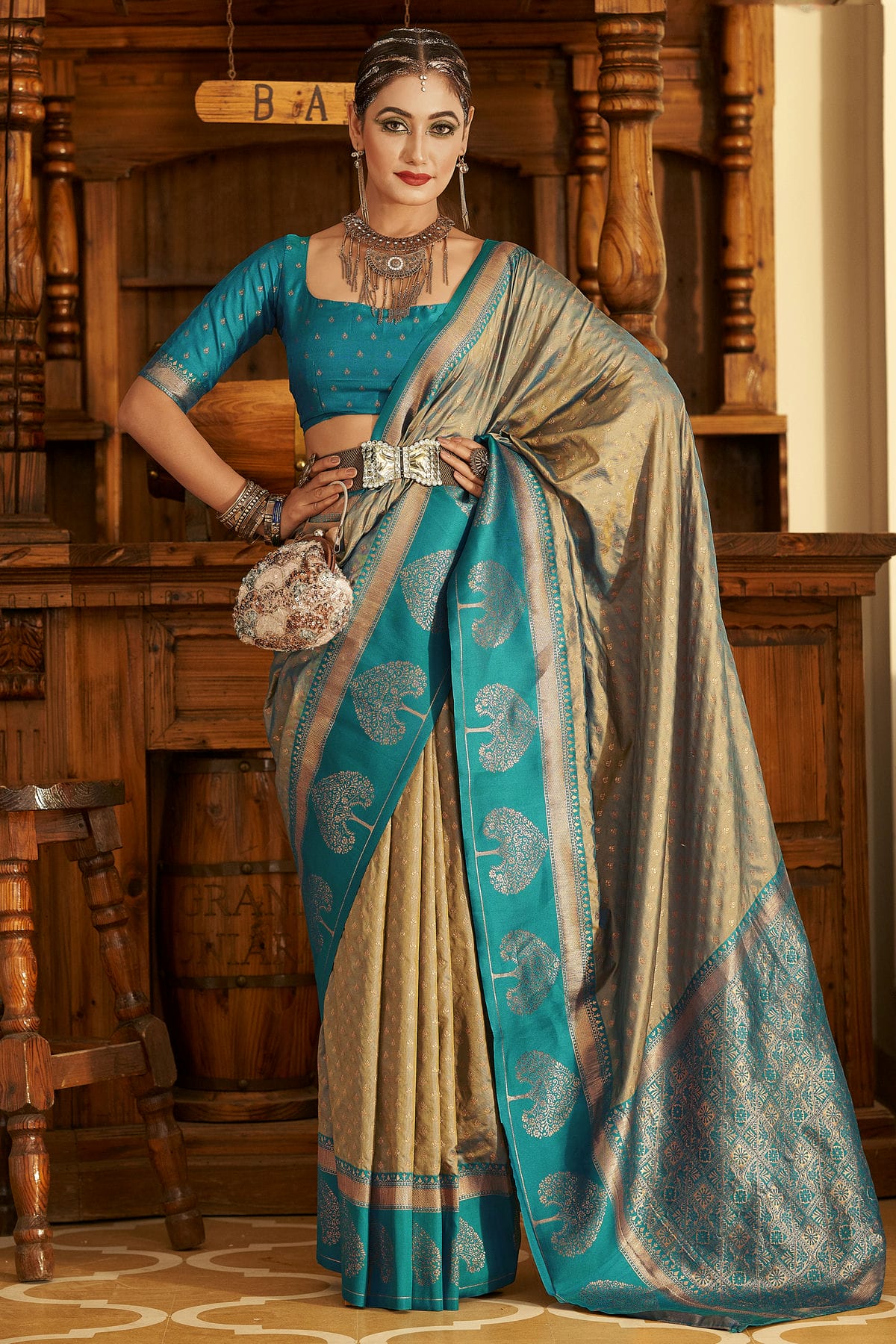 Grey Colour Soft Banarasi Silk Woven Work Saree