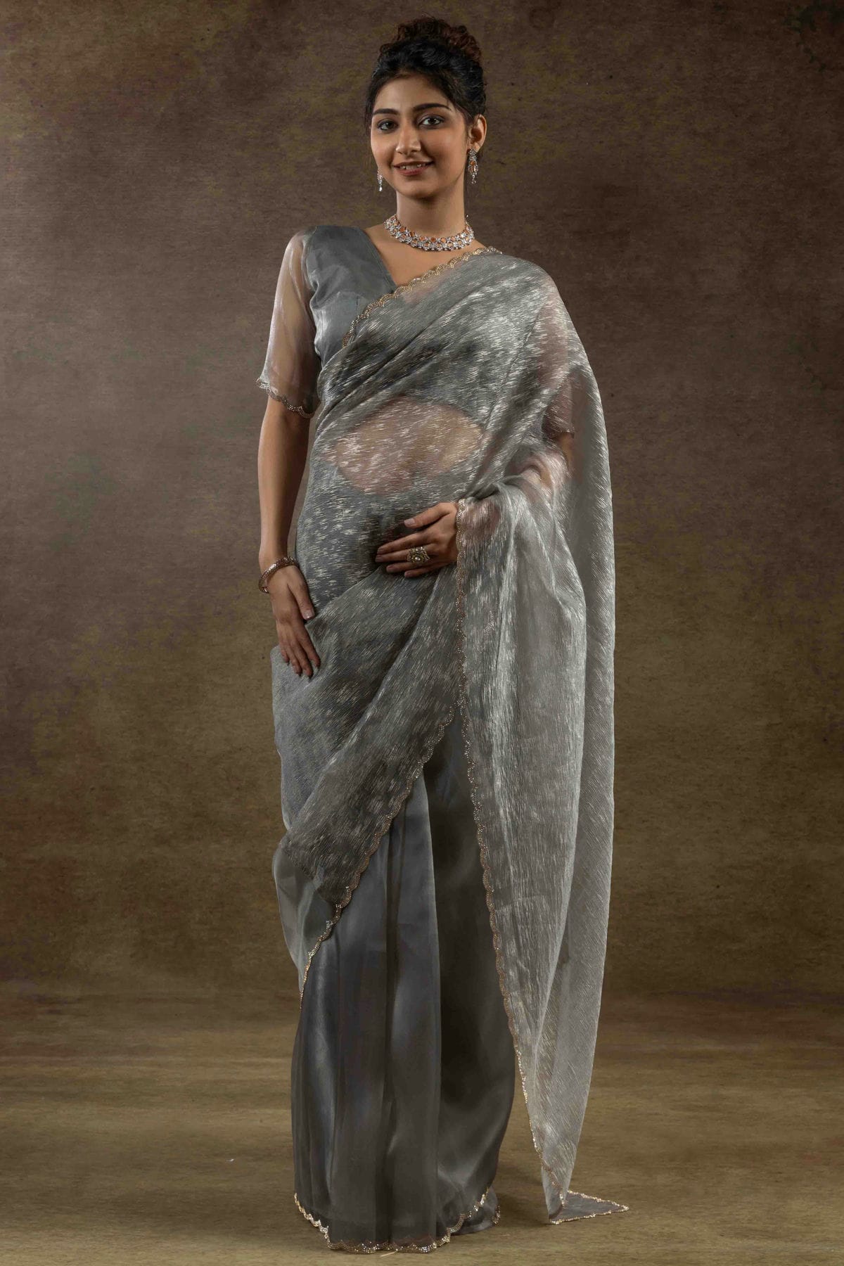 Grey Colour Tissue Silk Ready To Wear Saree VSSD1122044
