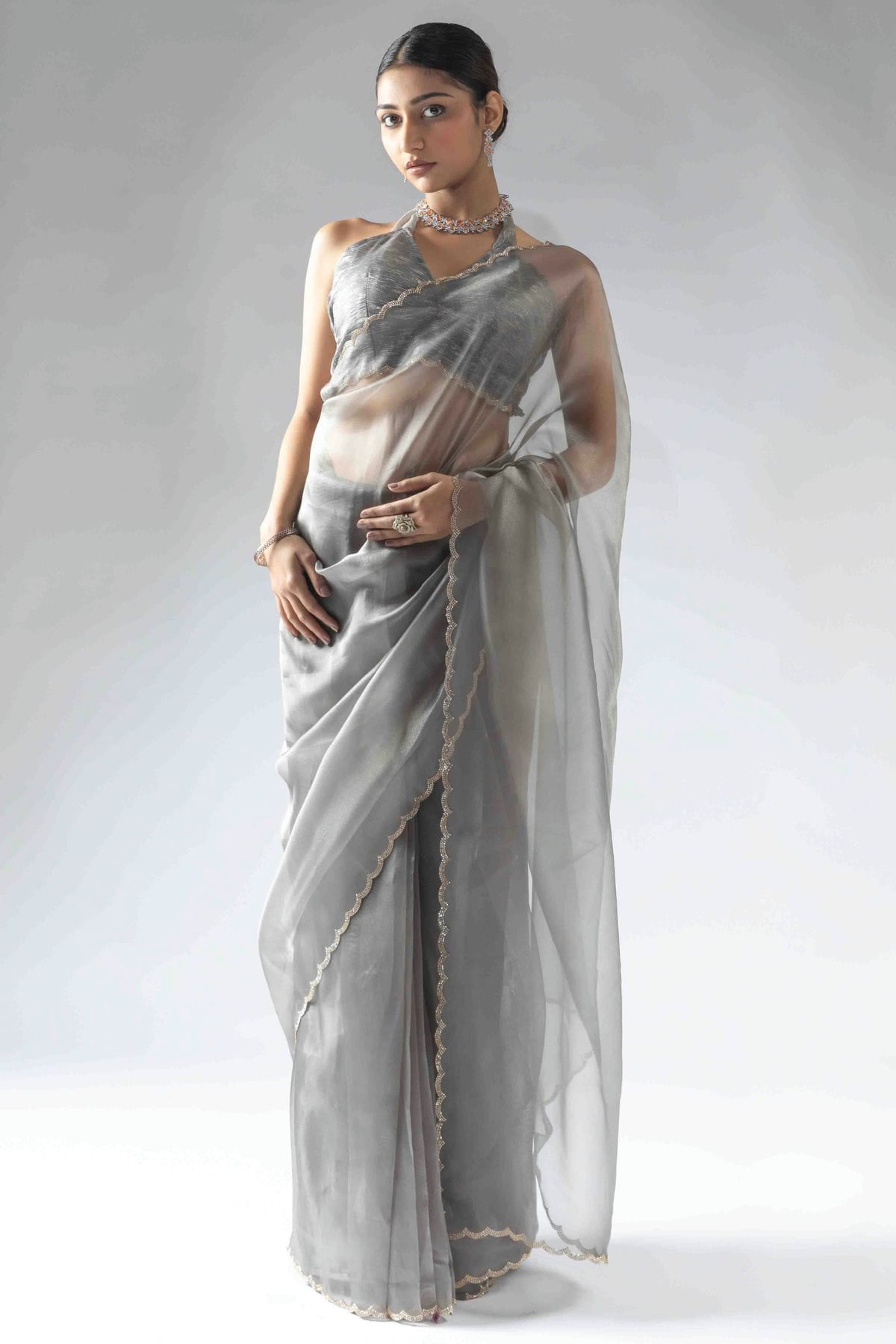 Grey Colour Tissue Silk Ready To Wear Saree VSSD1122047