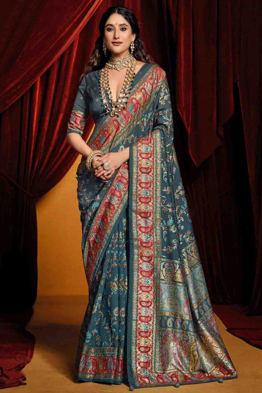 Grey Colour Tussar Silk Paisley Printed Saree VSSD1113716