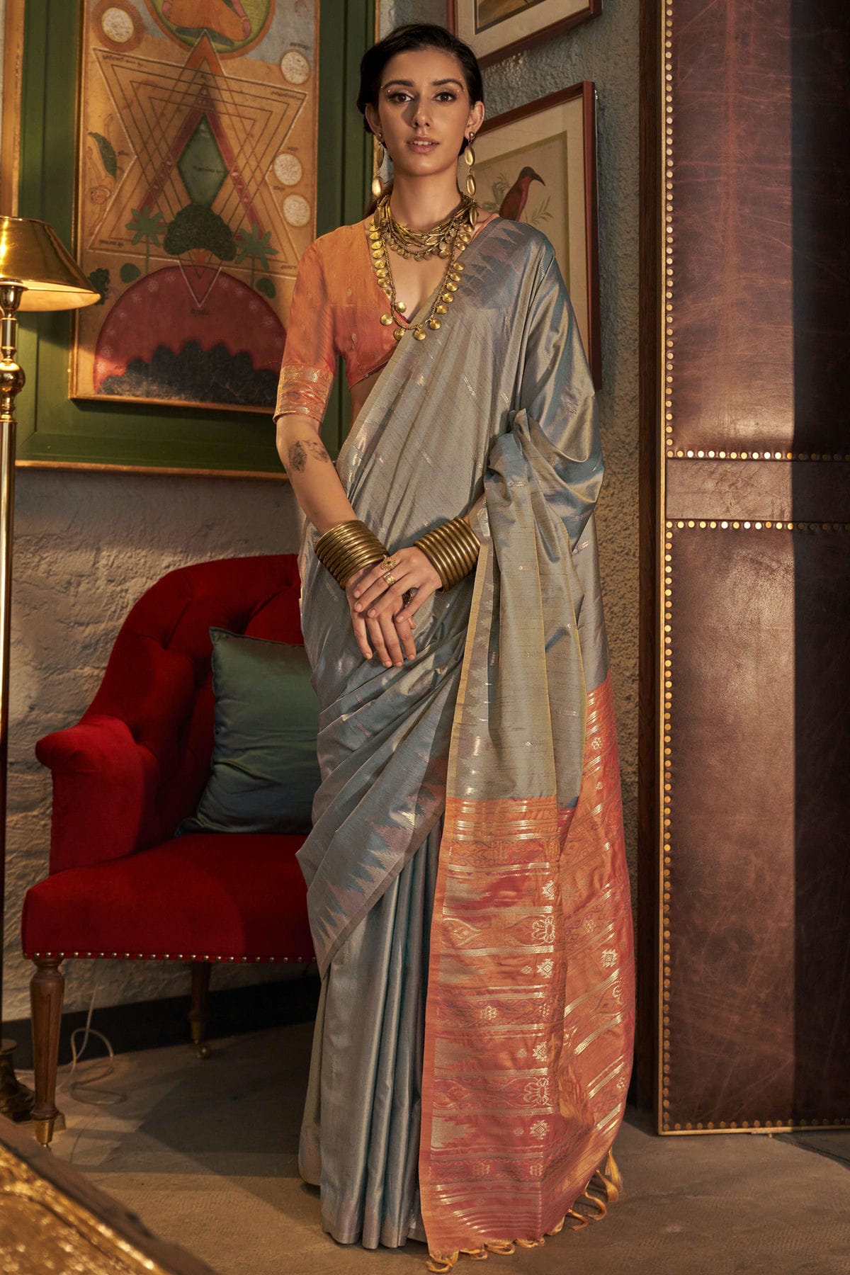 Grey Colour Tussar Silk Woven Work Saree