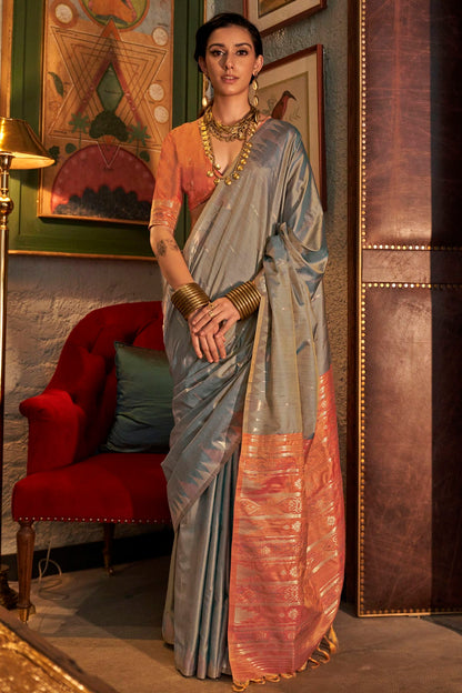 Grey Colour Tussar Silk Woven Work Saree