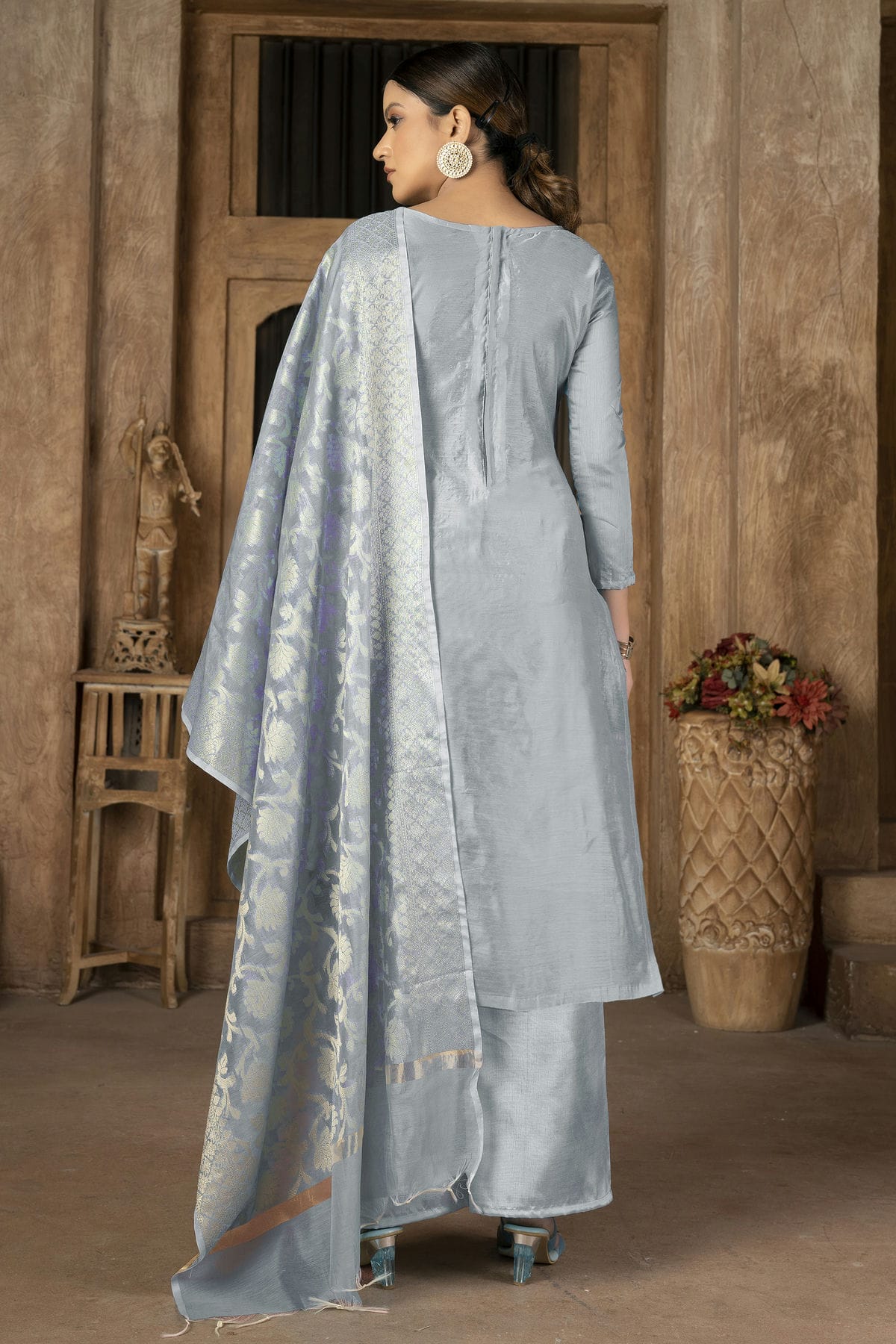 Grey Colour Unstitched Banarasi Jacquard Palazoo Pant Suit VSUS1161258