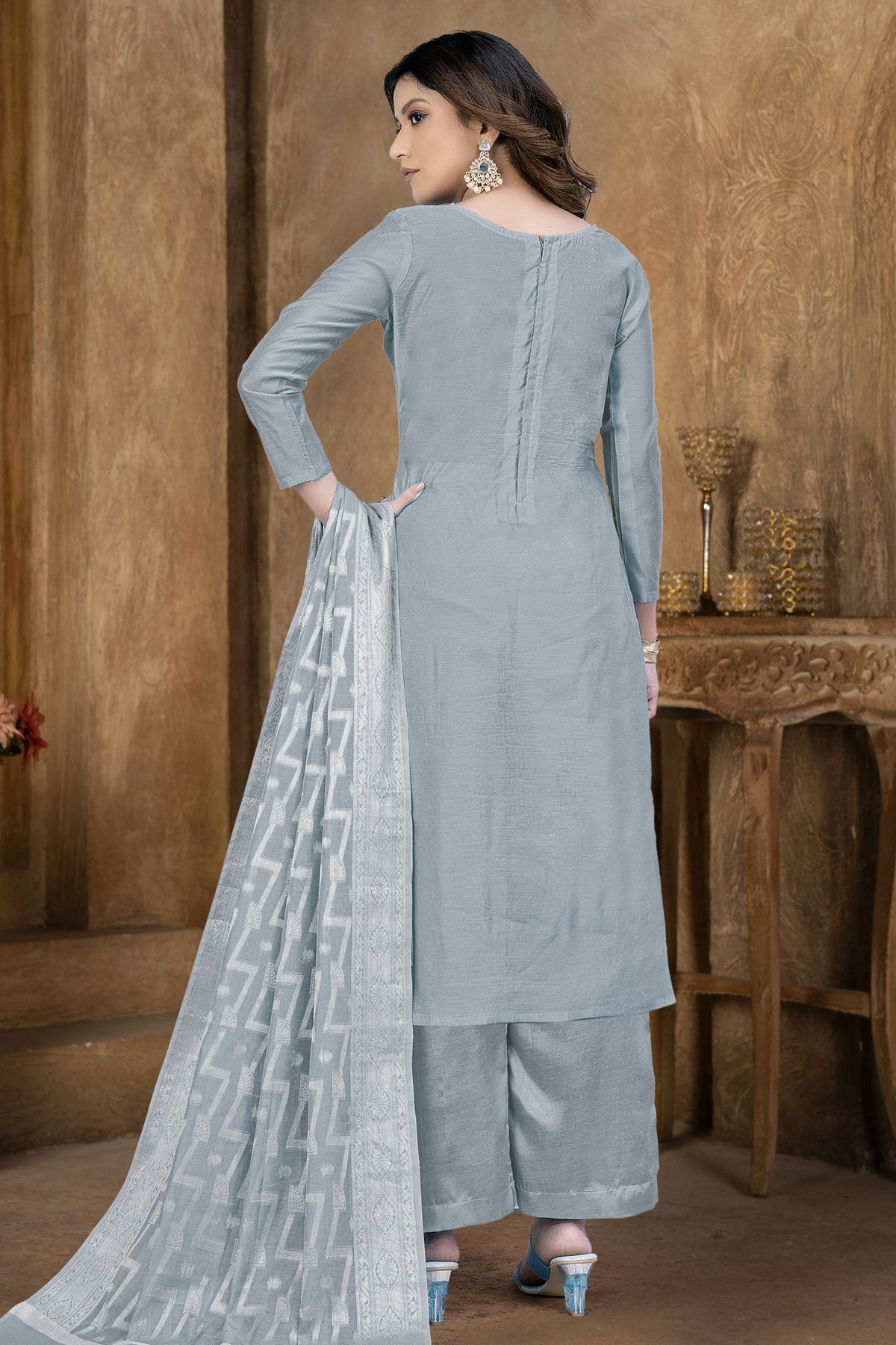 Grey Colour Unstitched Banarasi Jacquard Palazoo Pant Suit VSUS1161365