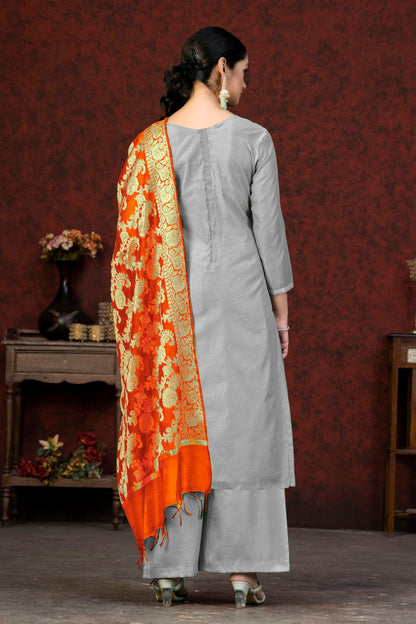 Grey Colour Unstitched Banarasi Jacquard Palazoo Pant Suit VSUS1161379