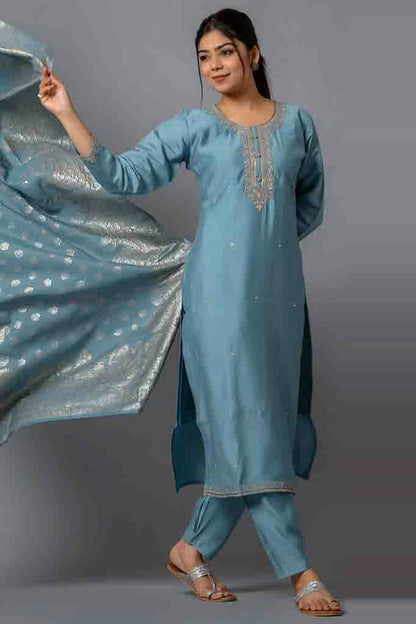 Grey Colour Viscose Chanderi Embroidery Pant Style Suit VSSS1113650