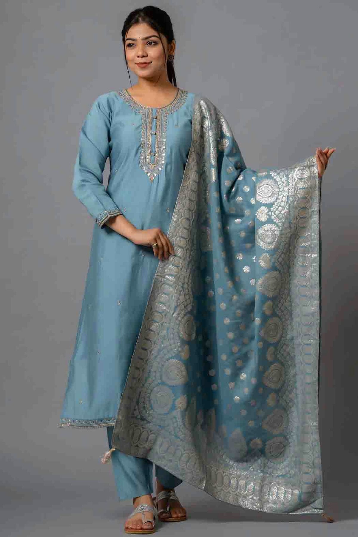 Grey Colour Viscose Chanderi Embroidery Pant Style Suit VSSS1113650