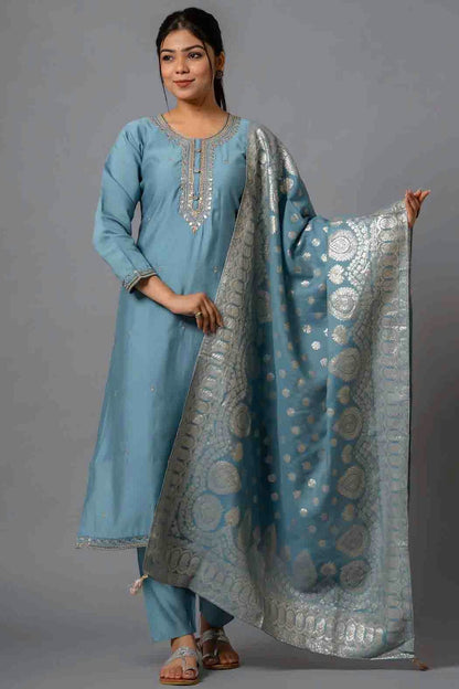 Grey Colour Viscose Chanderi Embroidery Pant Style Suit VSSS1113650
