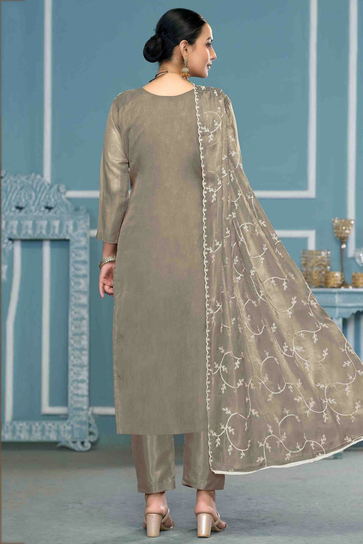 Grey Colour Viscose Organza Pant Style Suit VSSM1113202