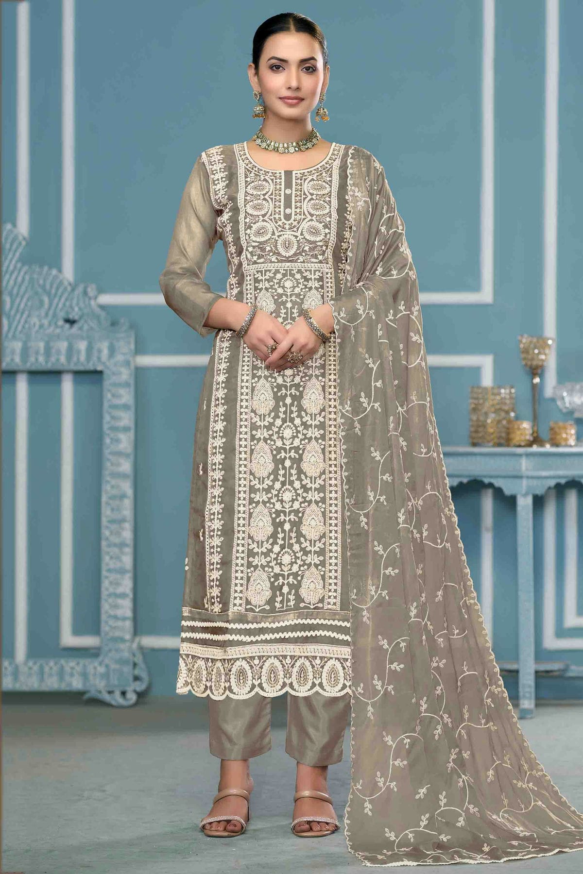 Grey Colour Viscose Organza Pant Style Suit VSSM1113202