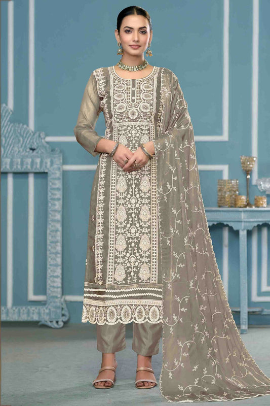 Grey Colour Viscose Organza Pant Style Suit VSSM1113202