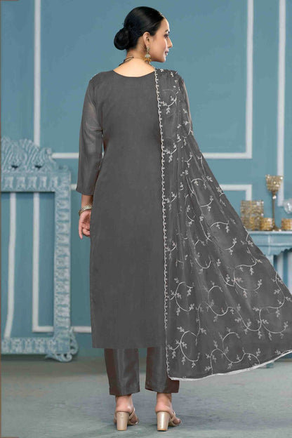 Grey Colour Viscose Organza Pant Style Suit VSSM1113204